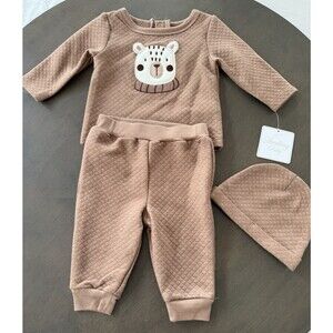 New Sterling Baby boy girl Layette 3pc Set pants shirt hat bear brown size 6M
